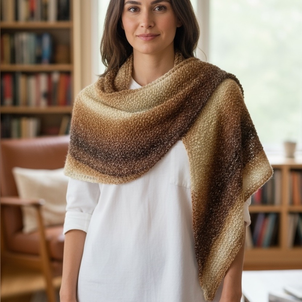 Shawl Triangle Hand Crafted Brown Cream Gold Neutral Lacy Knit